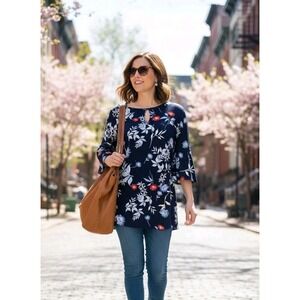 Charter Club Boho Floral Bell Sleeve Top - Navy Blue & Red Keyhole Knit - Size L